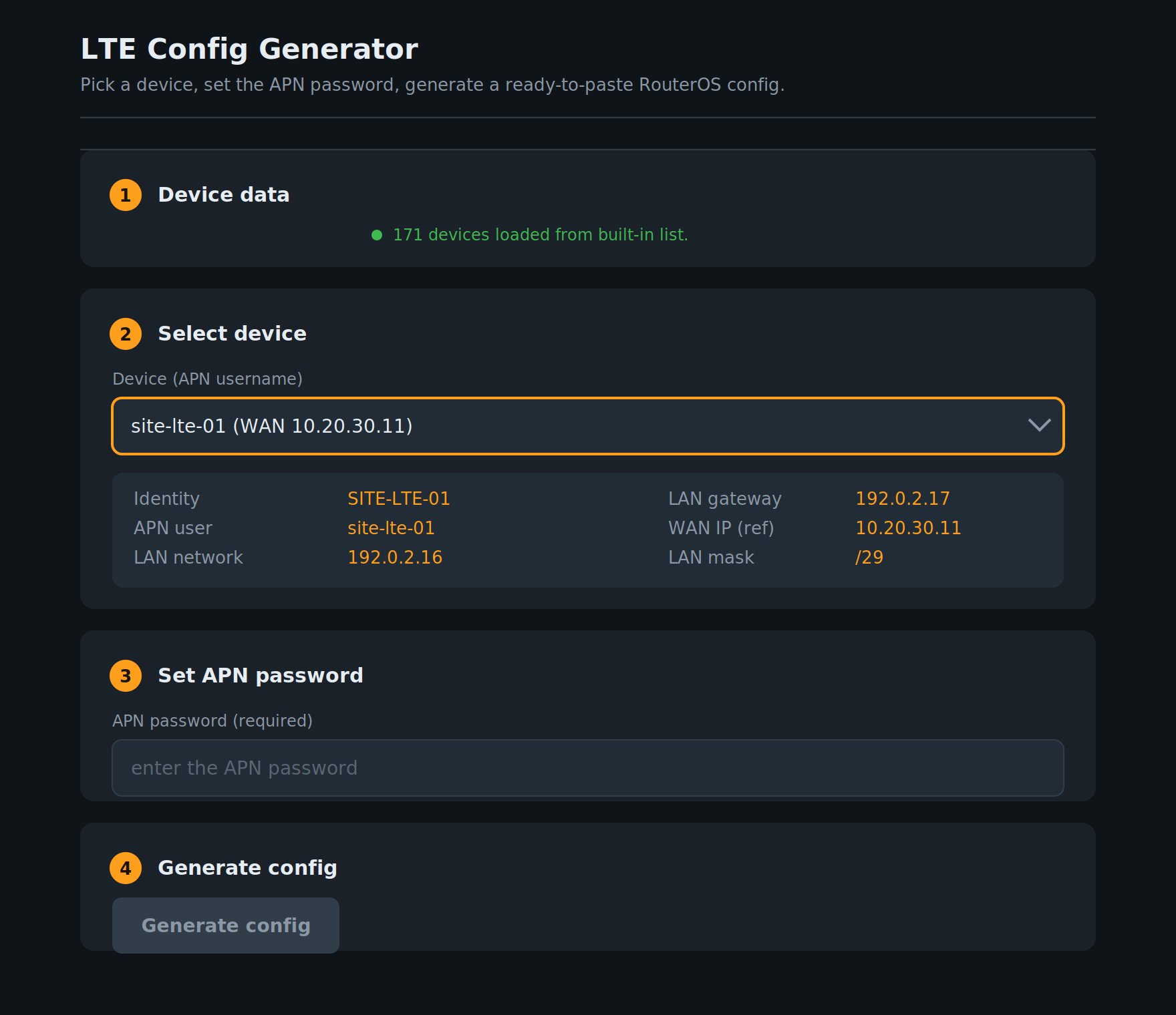 Device selection & APN password input