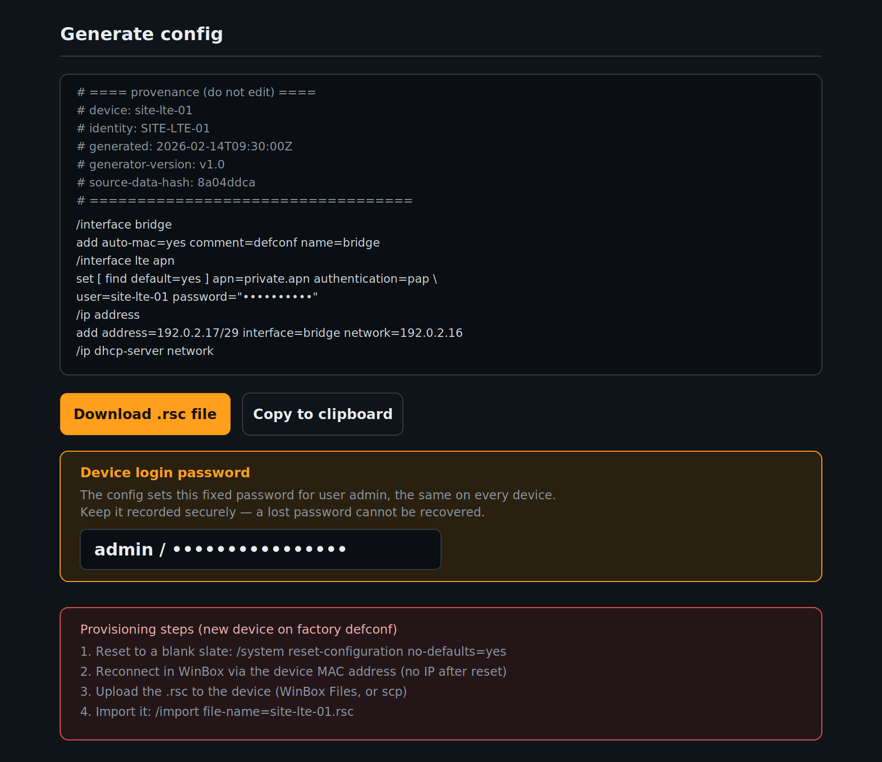 Generated configurations and steps for engineers