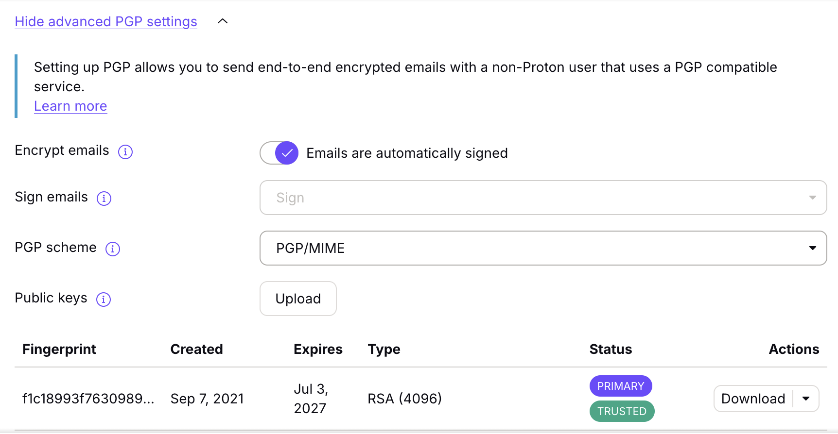 Proton Mail Contact PGP Settings