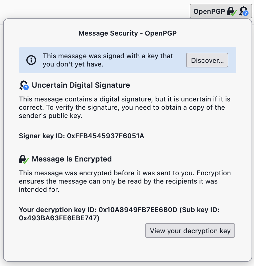 Thunderbird encrypted, not verified
